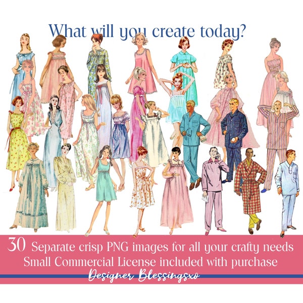 Vintage Pajama clipart, 50's 60's Men and Women nightgown Sewing Pattern Clipart, Fashion Ladies, Scrapbooking Art, Digital collage images