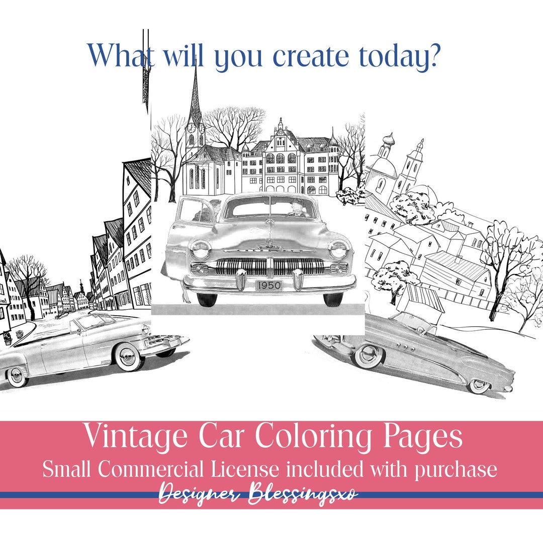 Car Coloring Page, Vintage Chevy Convertible, Grayscale Coloring ...