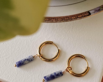 Gold Huggie Hoop Charm Earrings, Blue Beaded Hoops, Dangle Earrings