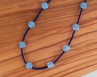 Handmade Blue Seed Bead Necklace, Blue Gemstone Beaded Necklace, Jade Necklace, Adjustable Necklace with Gold Findings