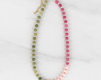 Colorful Handmade Beaded Necklace, Pink and Green Necklace, Jade Gemstone Necklace, Gold Adjustable Clasp