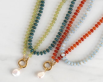 Rondelle Gemstone Necklace with Charm Holder Clasp, Beaded Charm Necklace, Women's Jewelry, Tarnish Resistant Stainless Steel