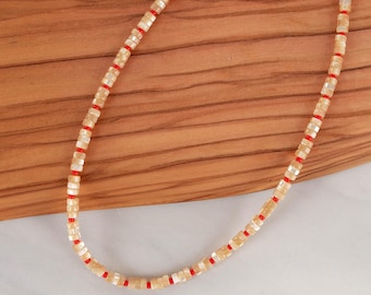 Natural Mother of Pearl Beaded Necklace, Handmade Shell Necklace, Pearl Choker Necklace, Gold Adjustable Clasp