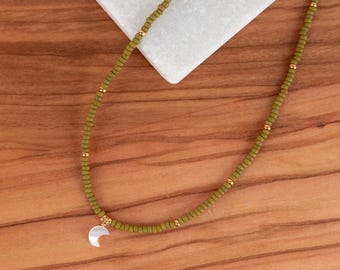 Crescent Moon Beaded Necklace, Green Seed Bead Choker Necklace, Mother of Pearl Moon Pendant