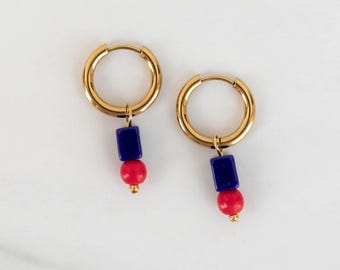 Beaded Hoop Earrings, Gold Huggie Hoops, Colorful Dangle Earrings,