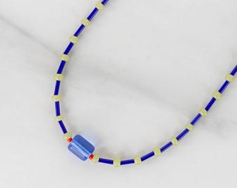 Colorful Beaded Necklace, Blue and Green Handmade Necklace, Tarnish Resistant Gold Clasp
