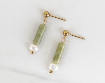 Beaded Pearl & Jade Dangle Earrings, Unique Jewelry, Gift for Her, Hypoallergenic Earrings