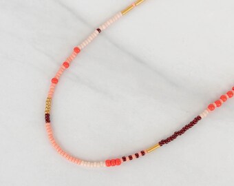 Colorful Beaded Choker Necklace, Handmade Seed Bead Necklace, Pink & Red Layering Necklace, Gold Adjustable Clasp