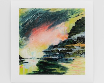 Stormy Seascape Abstract Landscape Art Print, Green Acrylic Landscape Painting, 8x8 inch Giclée Print