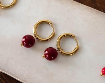 Hoop Drop Earrings, Gold Huggie Hoops, Beaded Red Dangle Earrings