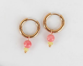 Gold Huggie Hoop Charm Earrings, Colorful Beaded Hoops, Dangle Earrings