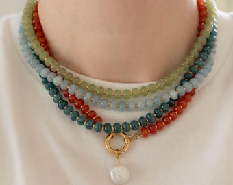 Rondelle Gemstone Beaded Necklace with Charm Holder, Colorful Handmade Necklace,  Candy Gem Beads, Gold Findings