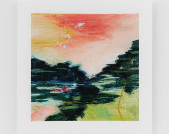 Abstract Landscape Fine Art Print, Acrylic Sunset Landscape Painting, 8x8 inch Giclée Print Wall Art