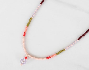 Colorful Beaded Choker Necklace, Handmade Seed Bead Necklace, Pink Layering Necklace, Friendship Necklace, Gold Adjustable Clasp