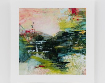 Green Coastal Abstract Landscape Art Print, Acrylic Landscape Painting, 8x8 inch Giclée Print