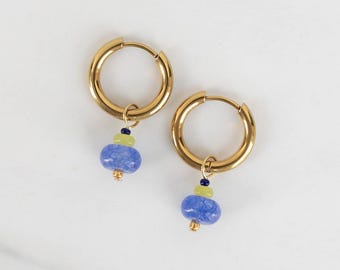 Gold Huggie Hoop Charm Earrings, Colorful Dangle Earrings, Beaded Gemstone Hoops