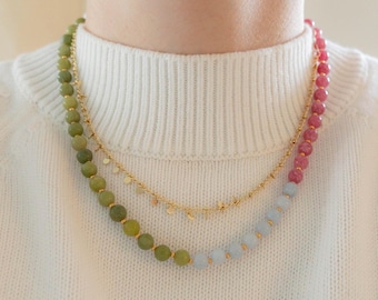 Colorful Handmade Beaded Necklace, Pink, Green and Blue Necklace, Jade Gemstone Jewelry, Gold Adjustable Clasp