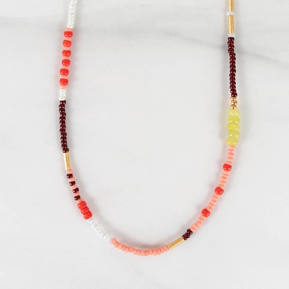 Colorful Beaded Choker Necklace, Handmade Seed Bead Necklace, Pink Layering Necklace, Friendship Necklace, Gold Adjustable Clasp