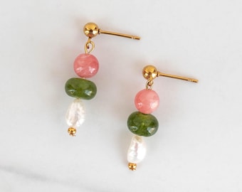 Beaded Pearl Dangle Earrings with Pink and Green Gemstones, Unique Jewelry, Gift for Her, Hypoallergenic Earrings