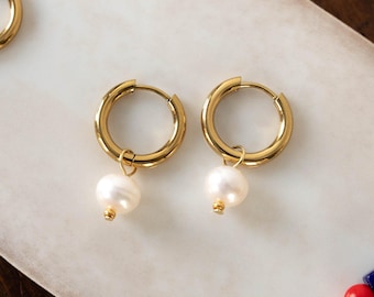 Pearl Huggie Hoop Drop Earrings, Beaded Charm Hoops, Dangle Earrings, Freshwater Pearls