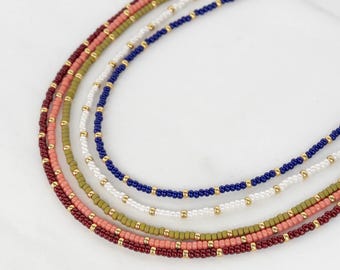 Tiny Seed Bead Choker Necklace, Colorful Beaded Layering Necklace with Gold Beads and Findings
