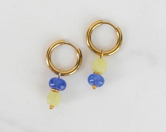 Gold Huggie Hoop Charm Earrings, Colorful Dangle Earrings, Beaded Gemstone Hoops