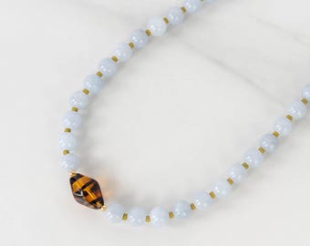 Beaded Gemstone Necklace: Light Blue Jade and Green Seed Beads, Gold Adjustable Clasp