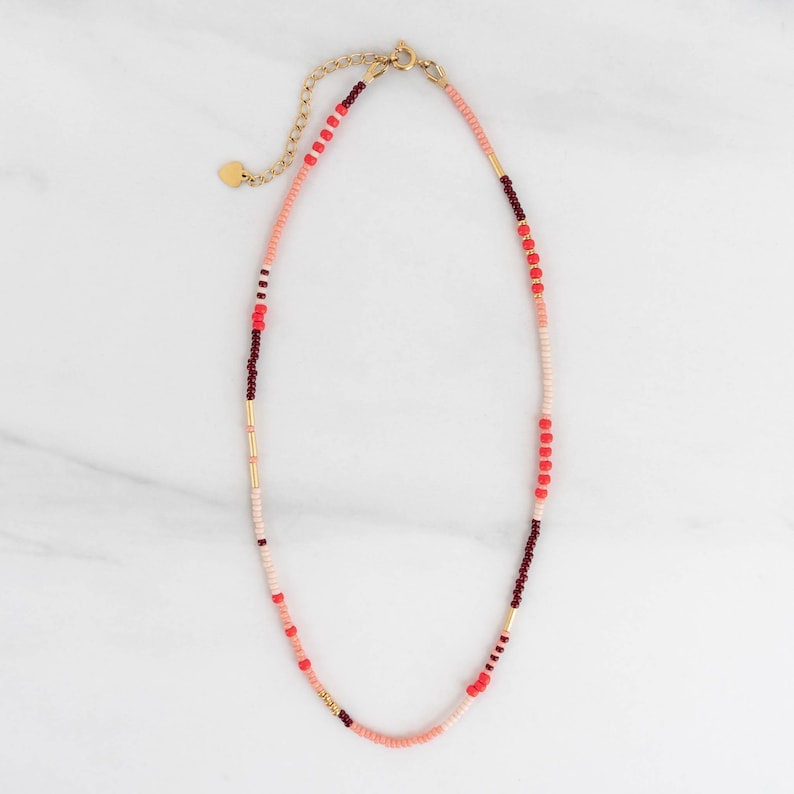 Colorful Beaded Choker Necklace, Handmade Seed Bead Necklace, Pink & Red Layering Necklace, Gold Adjustable Clasp image 3