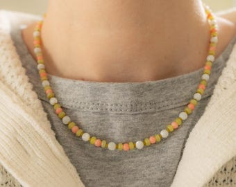 Colorful Pastel Beaded Necklace, Handmade Shell & Gemstone Necklace, Pearl Choker Necklace, Gold Adjustable Clasp