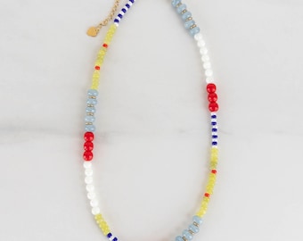 Colorful Beaded Necklace, Mixed Gemstone, Shell, and Seed Bead Necklace, Adjustable Clasp