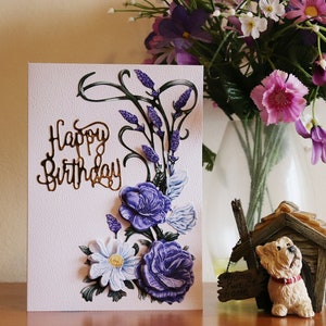 Unique Handmade Birthday Card, Flowers, die cut, 3D, decoupage, personalise