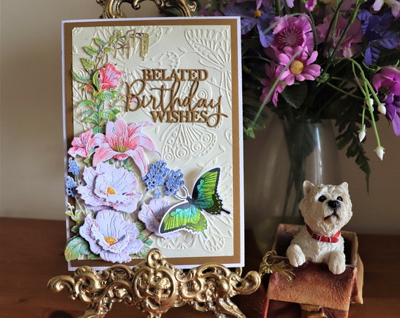 Unique Handmade Belated Birthday Wishes Card, 3D Decoupage Flowers and Butterfly, with Box Envelope and Free Postage
