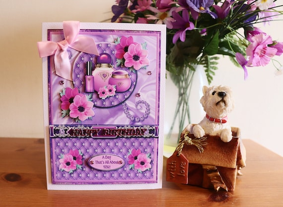 Handmade Birthday Card, 3D Decoupage Flowers and Ladies Toiletries in pretty pinks and purples,