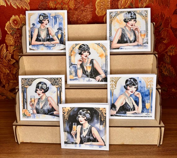 Pack of 6 Notelet Cards with Envelopes, Art Deco Vintage Ladies, Blank, Six Different Designs, Free Postage.