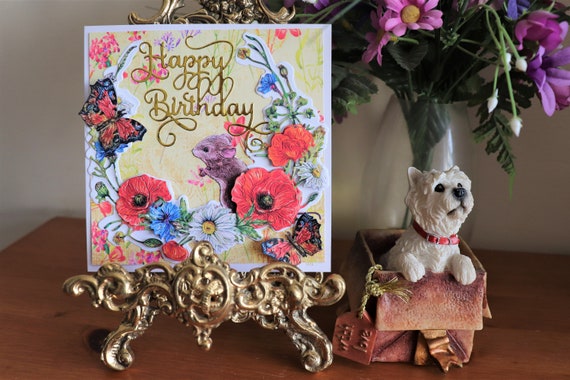 Unique Handmade Birthday Card, Cute Country Mouse and Butterflies with Poppies and wildflowers in 3D Decoupage.