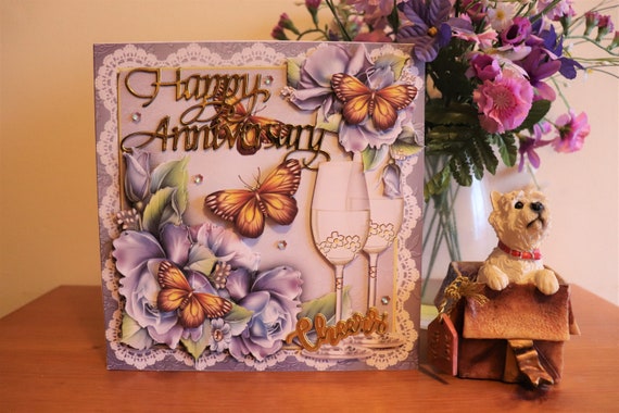 Large Handmade Wedding Anniversary Card 8"x8" 3D Decoupage Champagne Glasses, Flowers and Butterflies and Fancy Inside in Gift Box