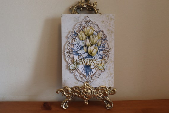 Unique Handmade Get Well Soon Card with Decoupaged Bouquet of Tulips, Ornate Die Cut Sentiment and Frame