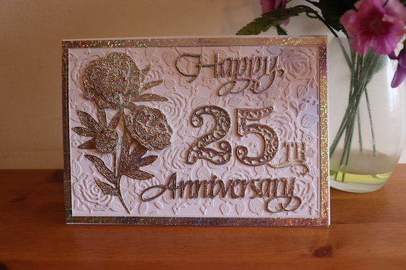 Large A5 size Luxury Silver Wedding Anniversary Card, 25th Wedding Anniversary, Silver Holographic, Decoupage Flowers