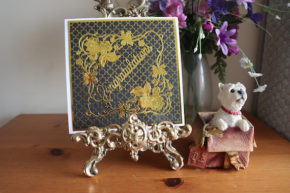 Unique Handmade Congratulations Card, Black and Gold with fancy die cut gold floral frame and sentiment, Just for You scroll inside