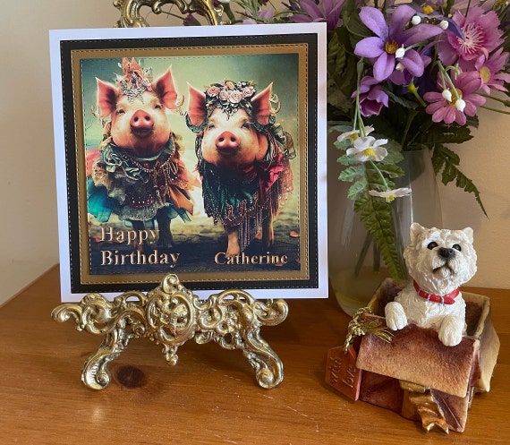 Personalised Name Birthday Card with Funny Pigs in Frilly Fancy Dress Costumes