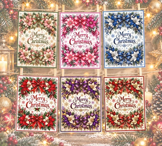 Set of 6 Christmas Cards, Handmade Festive Greeting Cards, Luxury Poinsettia & Bow Designs, A5 or 7x5 Inch, Assorted Colours, Free Postage