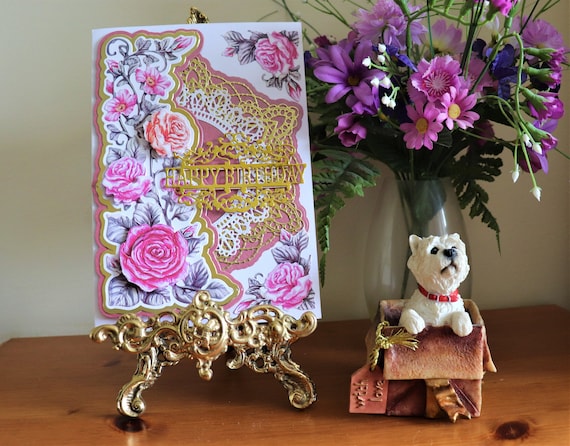 Large A5 Handmade Birthday Card with Decoupage Roses and ornate lace panel with fancy Die Cut Sentiment.