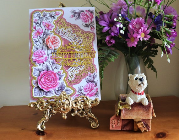 Large A5 Handmade Birthday Card with Decoupage Roses and ornate lace panel with fancy Die Cut Sentiment.