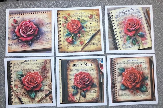 Pack of 6 Notelet Cards with Envelopes, Just a Note. Red Rose on Music Vintage Art, Blank, Set A