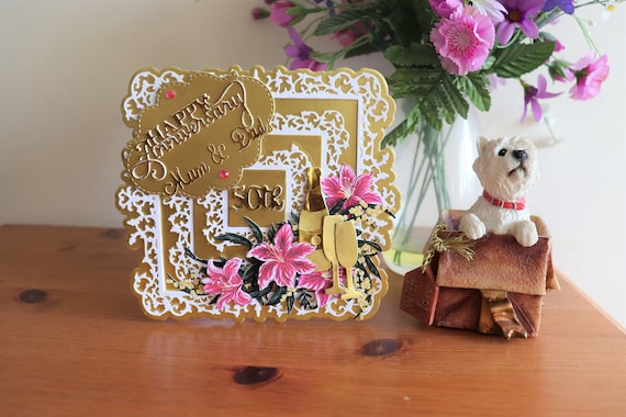 Handmade 50th Anniversary Card: Golden Wedding, Pink Lily Decoupage
