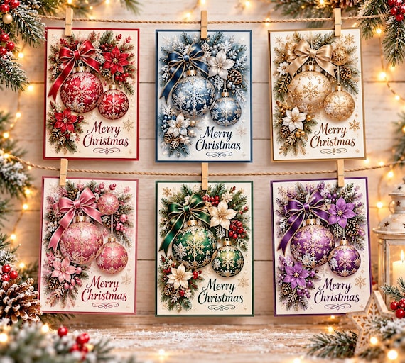 Set of 6 Handmade Christmas Cards, Luxury Bauble Designs, 7x5 Inch Festive Greeting Cards with Envelopes, Free UK Delivery