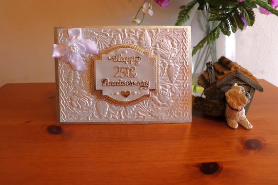 Luxury Silver Wedding Anniversary Card, 25th Wedding Anniversary, beautiful ornate pearlescent embossing