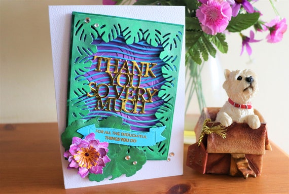 Unique Hand made Thank You Card with Waterlily and Tropical Leaves