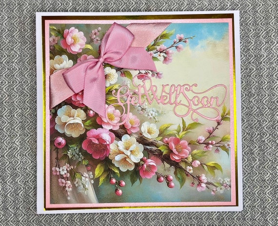 Unique Handmade Get Well Soon Card, Pretty female pink blossom with ribbon and bow
