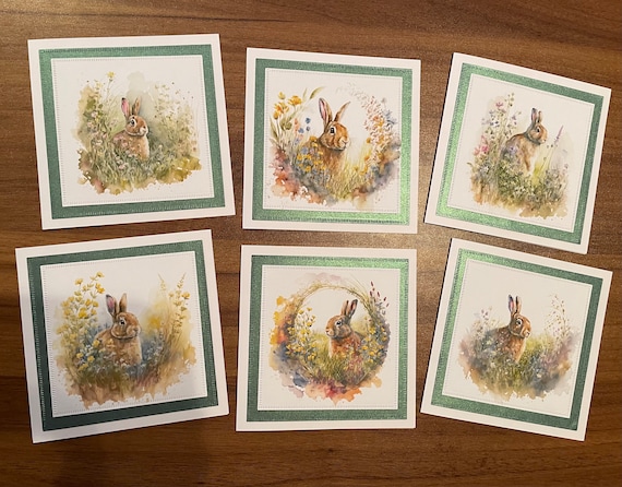 Pack of 6 Luxury Note Cards with Envelopes -  Beautiful Bunny Rabbits in Wildflowers